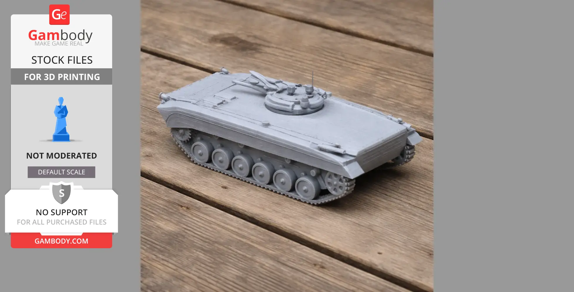 Gray 3D printed BMP-1 tank model on wooden surface.