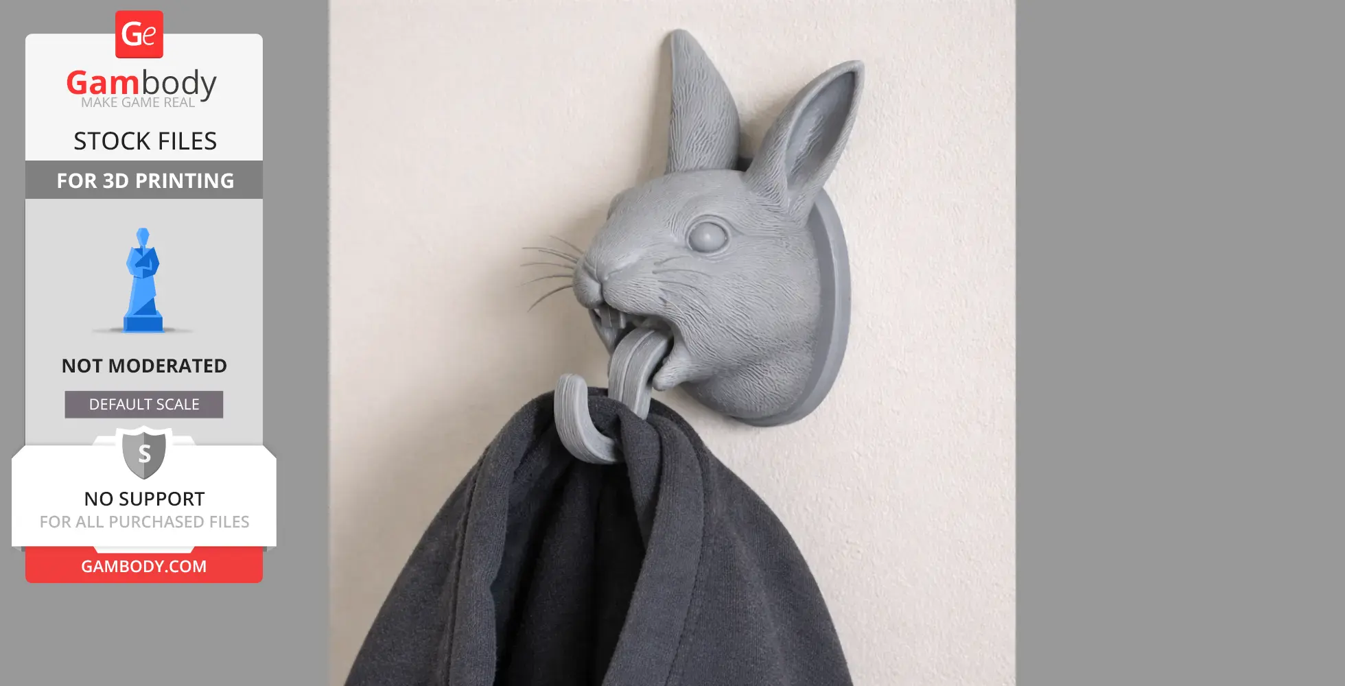 A 3D-printed rabbit head wall hook holding a coat, designed for hanging keys or clothes.