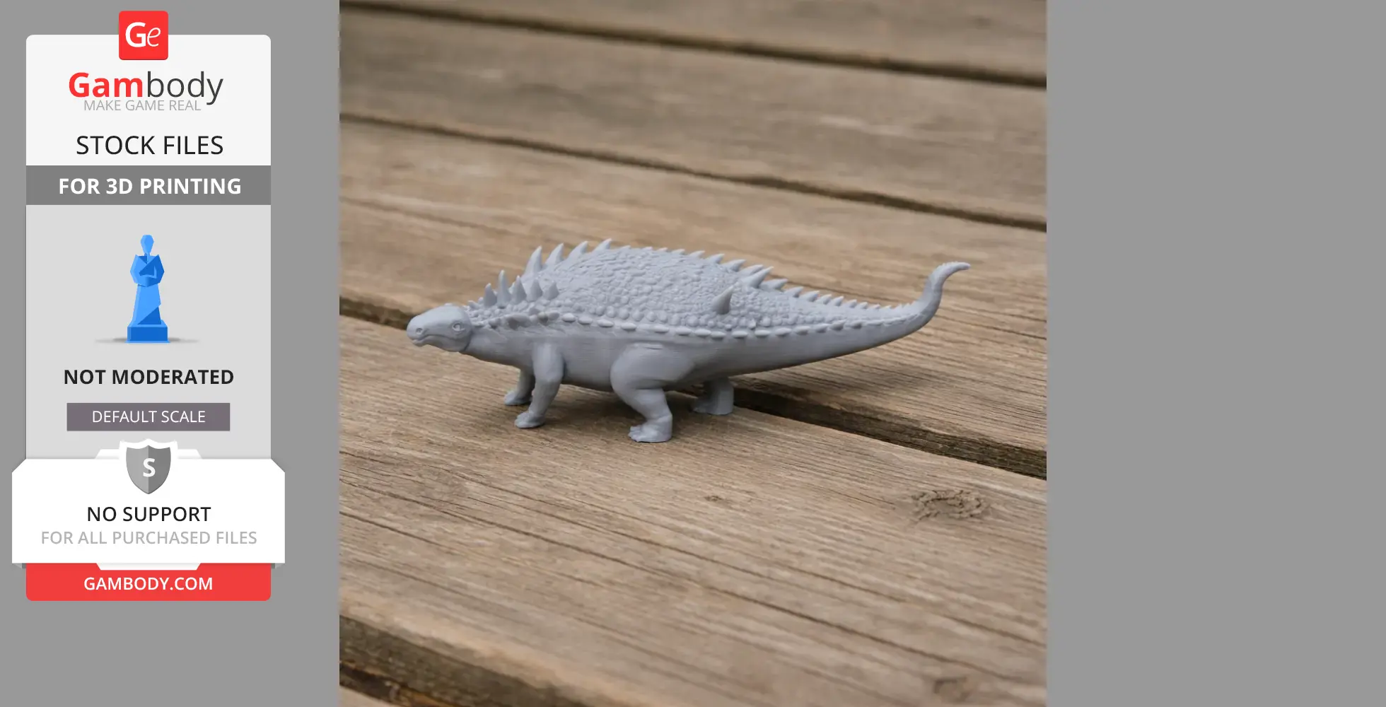 Gray 3D-printed model of a spiky, armored dinosaur on a wooden surface.