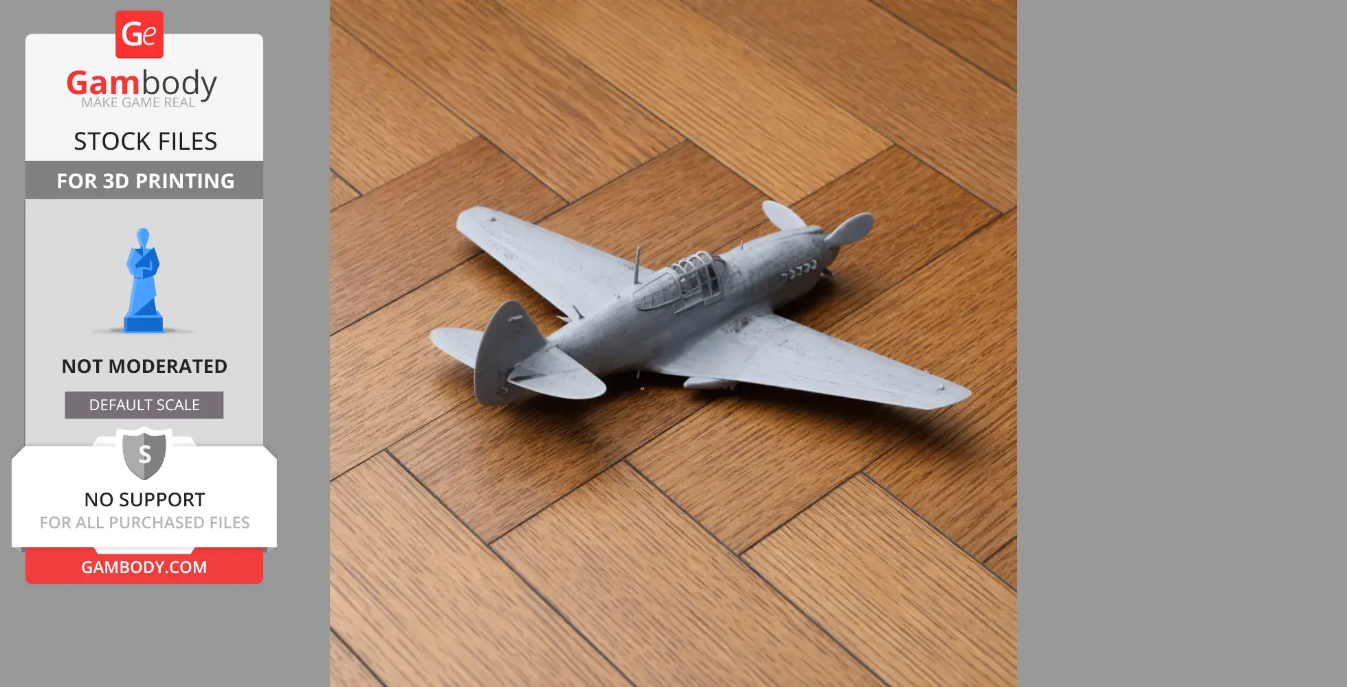 Gray 3D-printed model of a P-40 Warhawk plane on a wooden surface.