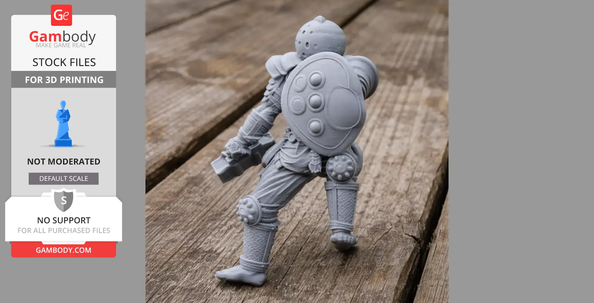 A detailed 3D-printed gladiator figure with armor and shield, standing on a wooden surface.