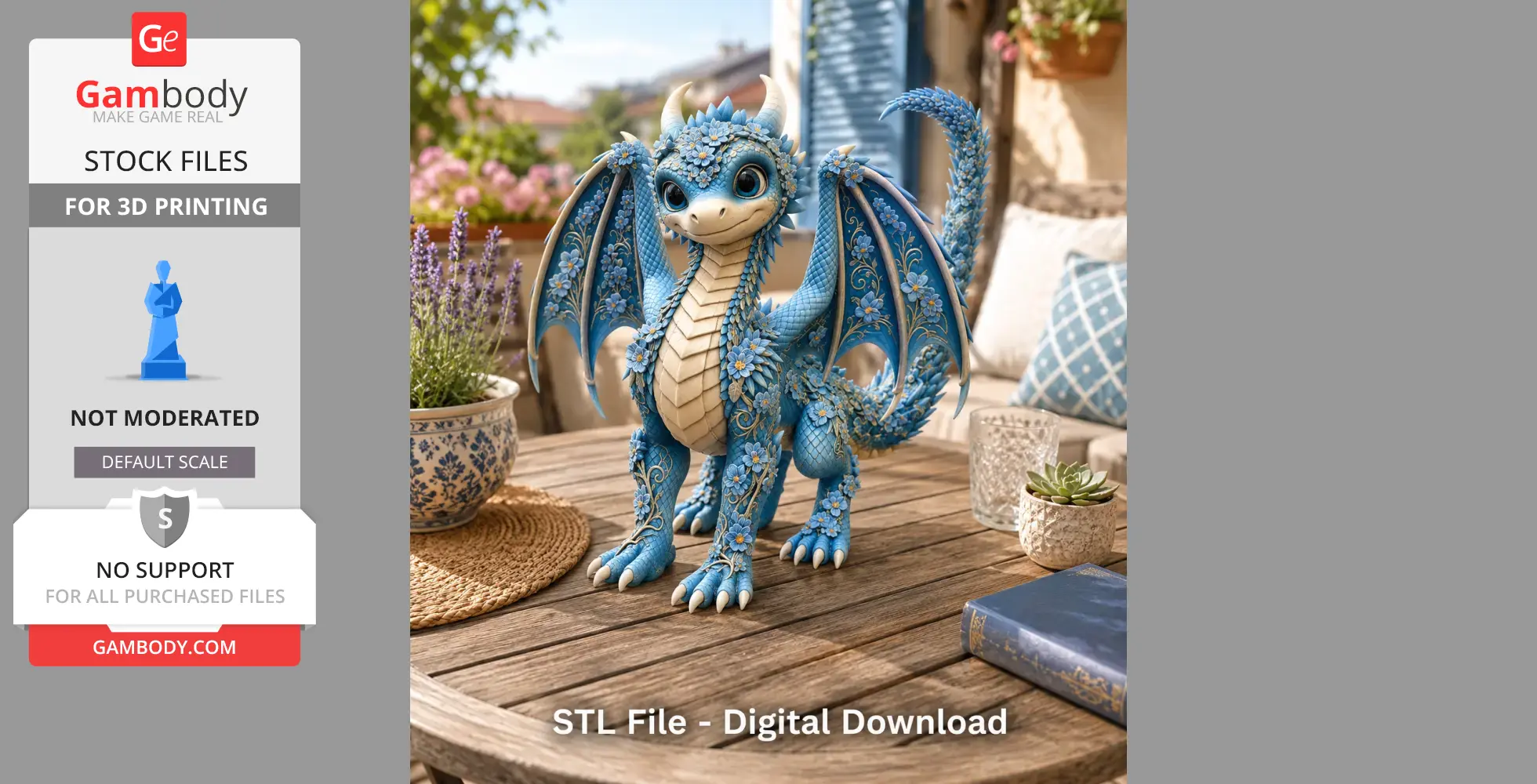 Charming blue dragon model covered in flowers, standing on a wooden table in an outdoor setting.