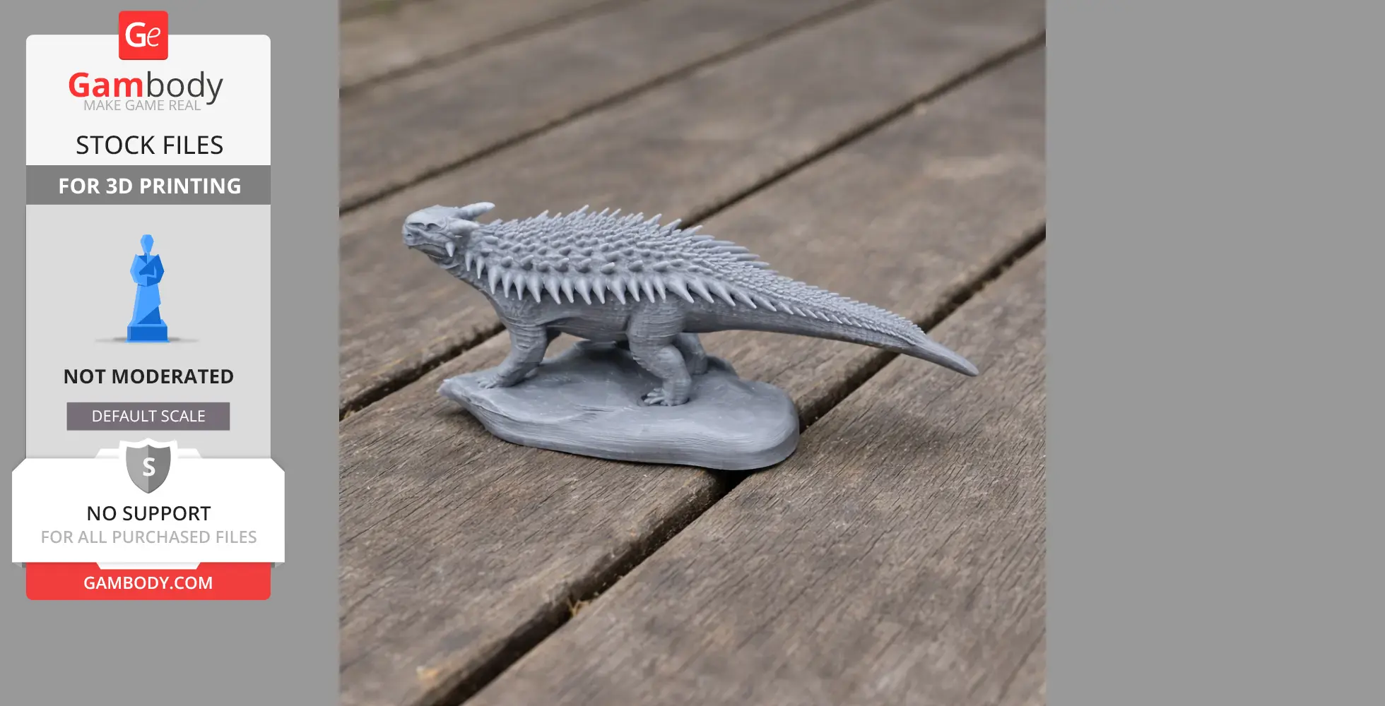 A detailed 3D printed model of a spiky Hylaeosaurus dinosaur on a wooden surface.