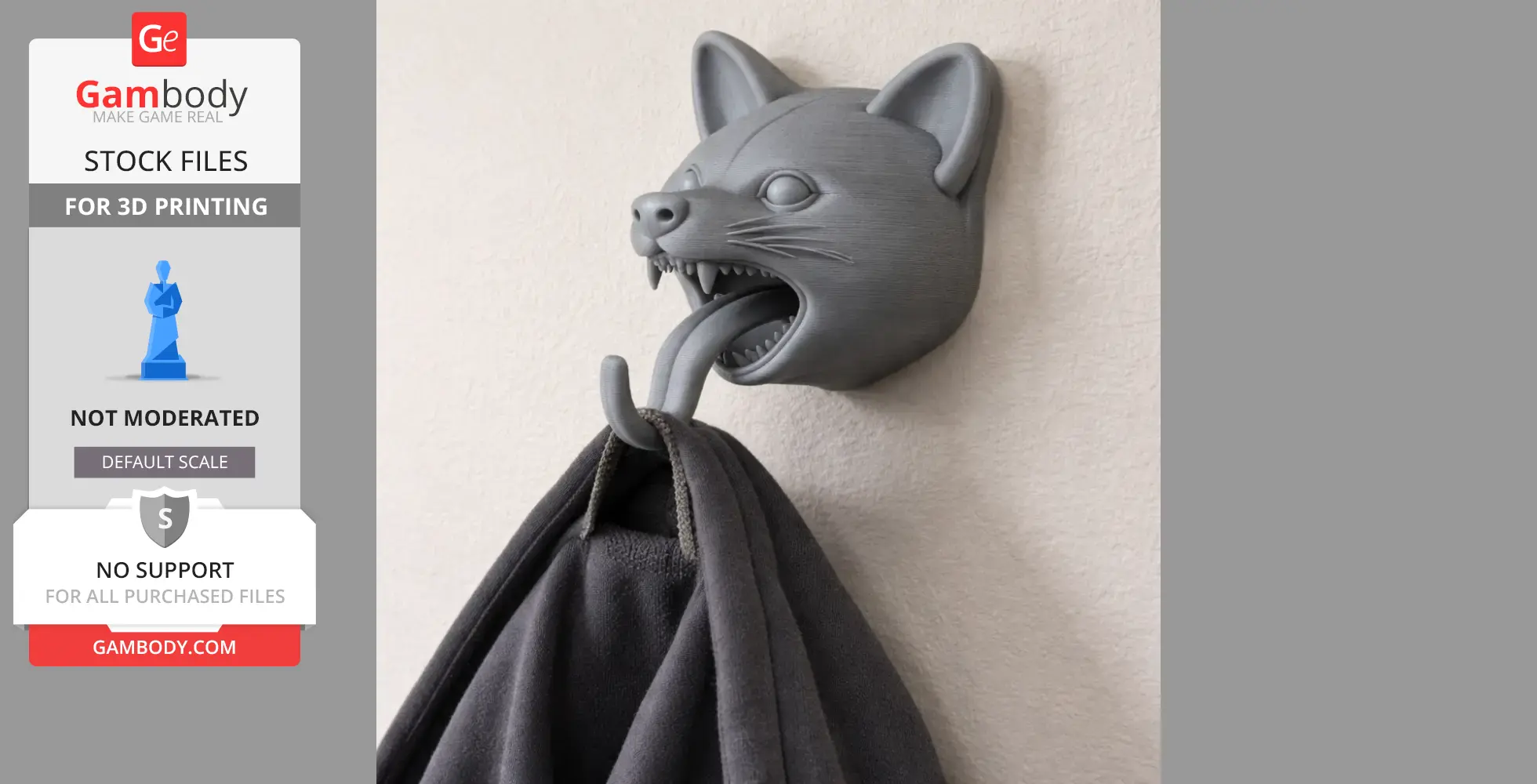 A raccoon head with an open mouth holding a hook for hanging coats or keys.