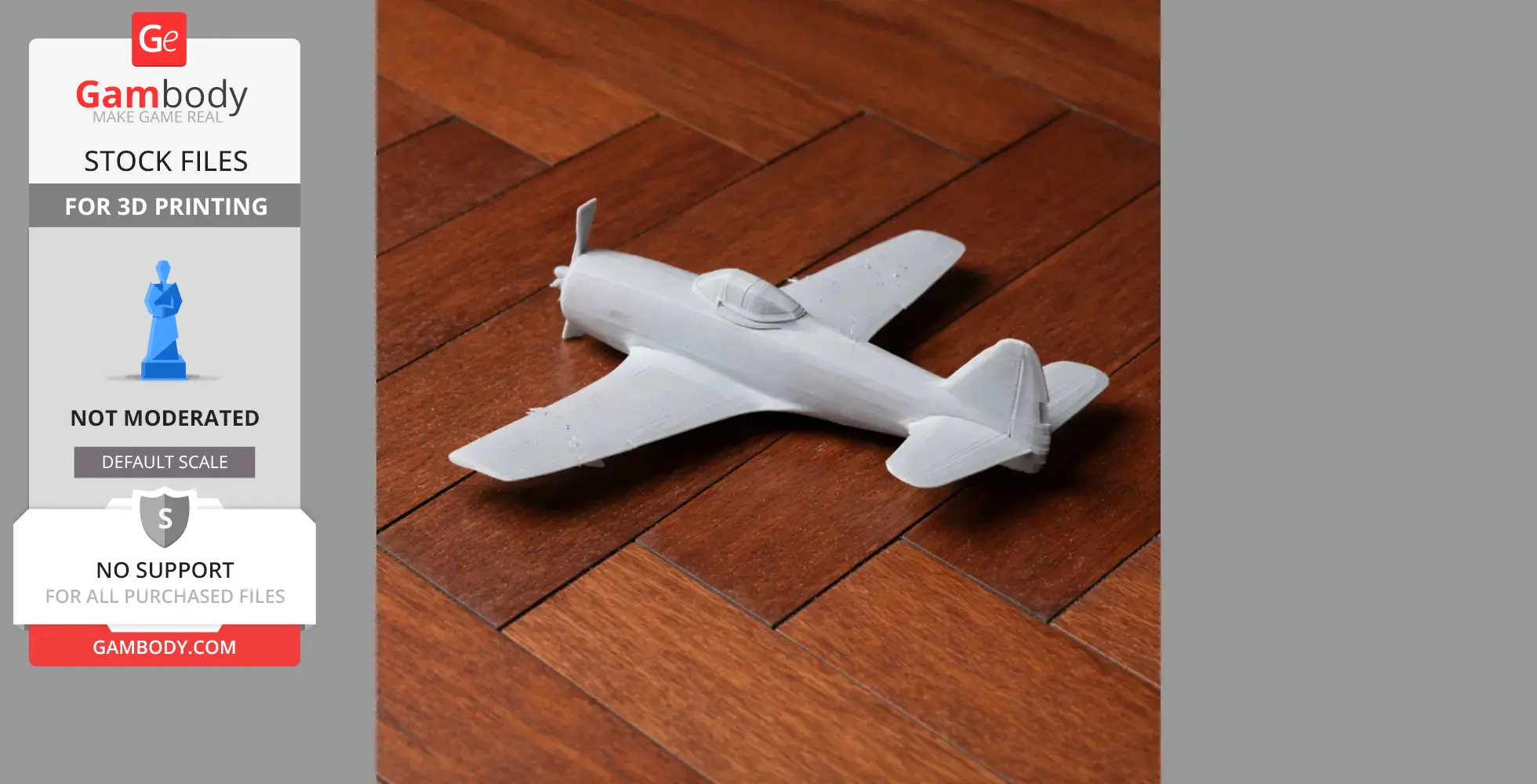 3D printed model of a P-47 Thunderbolt aircraft on a wooden surface.