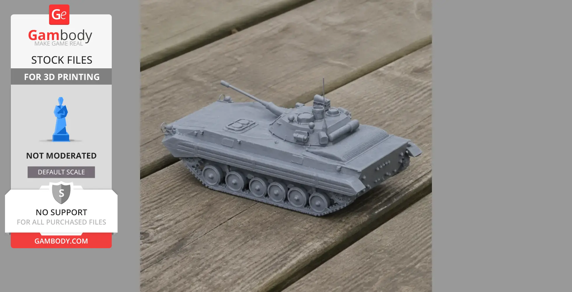 A detailed 3D-printed model of a BMP-2 tank on a wooden surface.