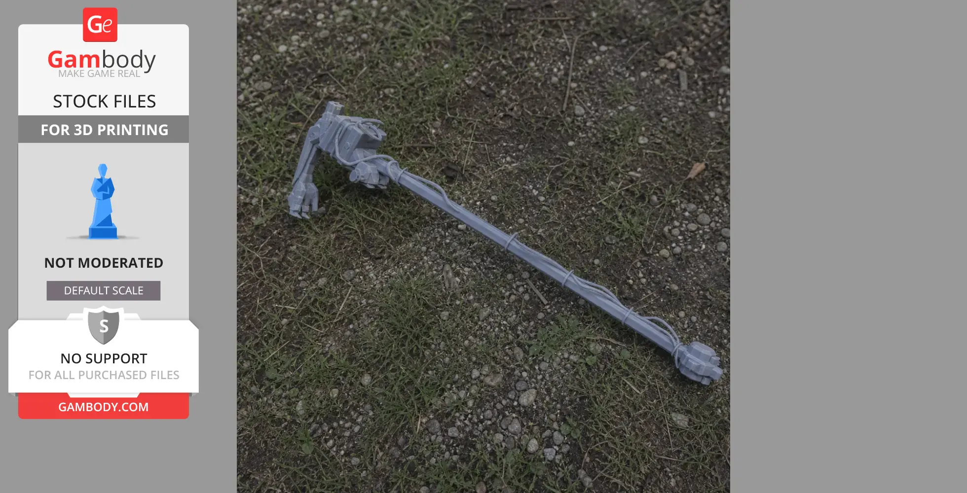 A 3D printed model of a futuristic weapon, resembling a long staff with mechanical details, on grass.