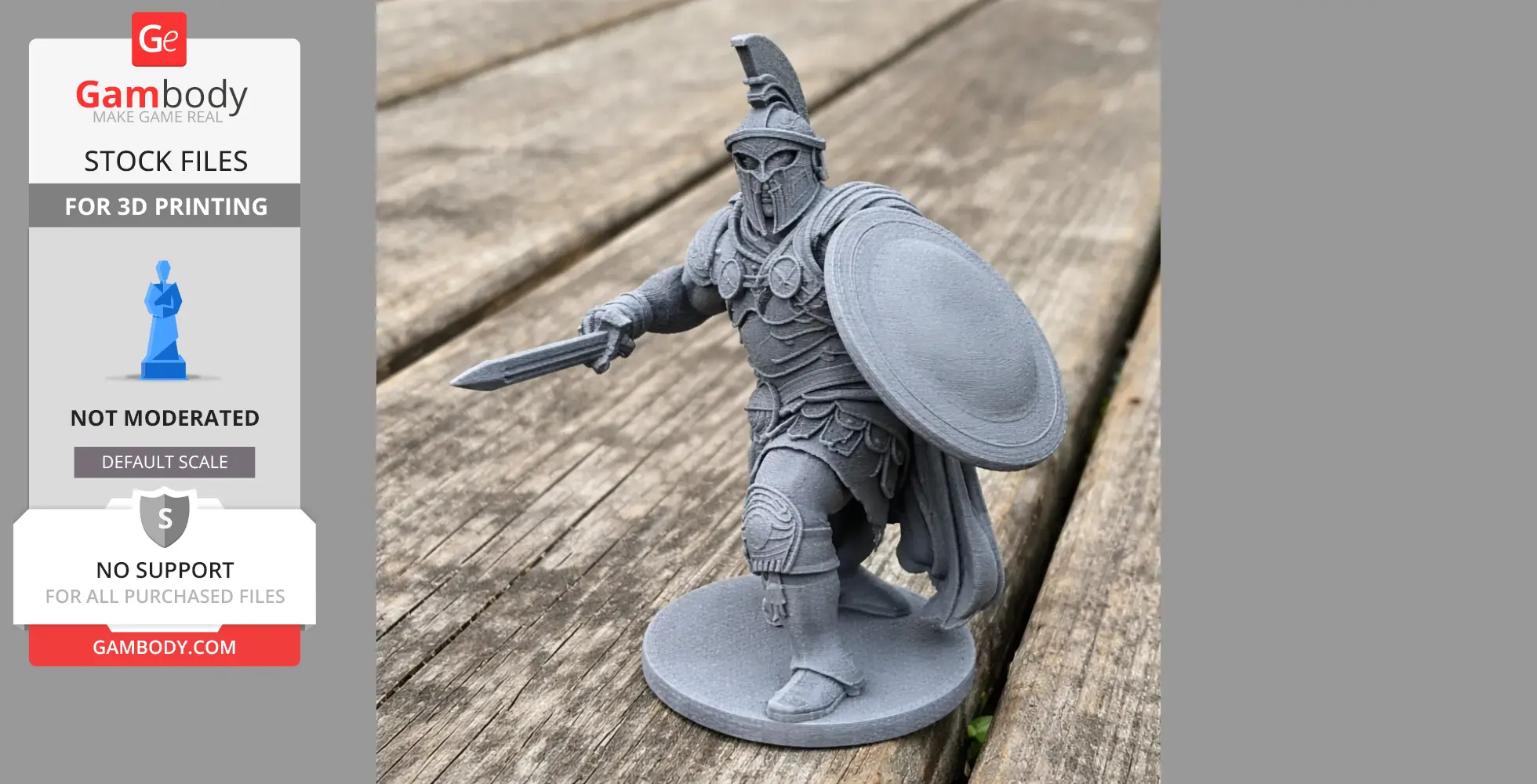 3D printed gladiator model in armor, holding a sword and shield, stands on a wooden surface.
