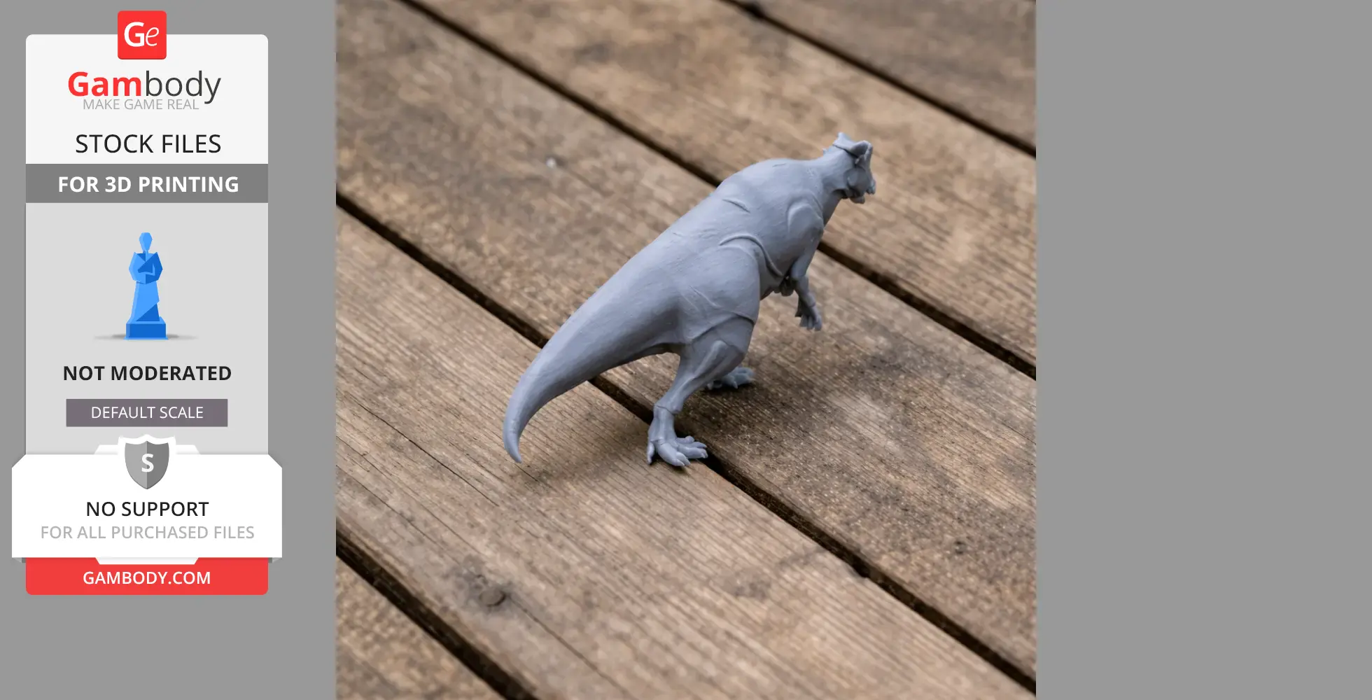 A gray 3D-printed Hypacrosaurus model stands on a wooden surface, viewed from behind.