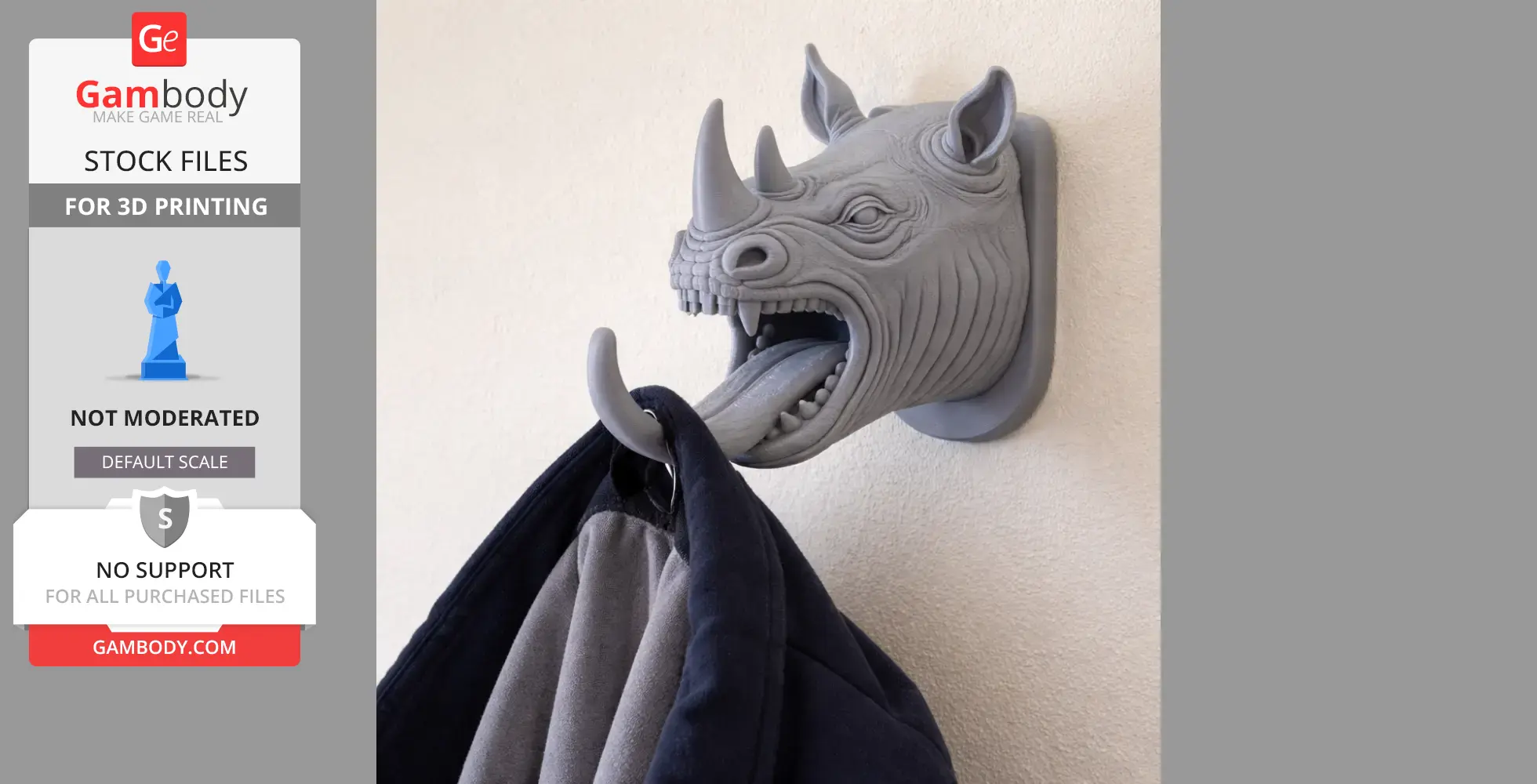 A rhino head wall hanger with a hook, used as a coat and key holder.