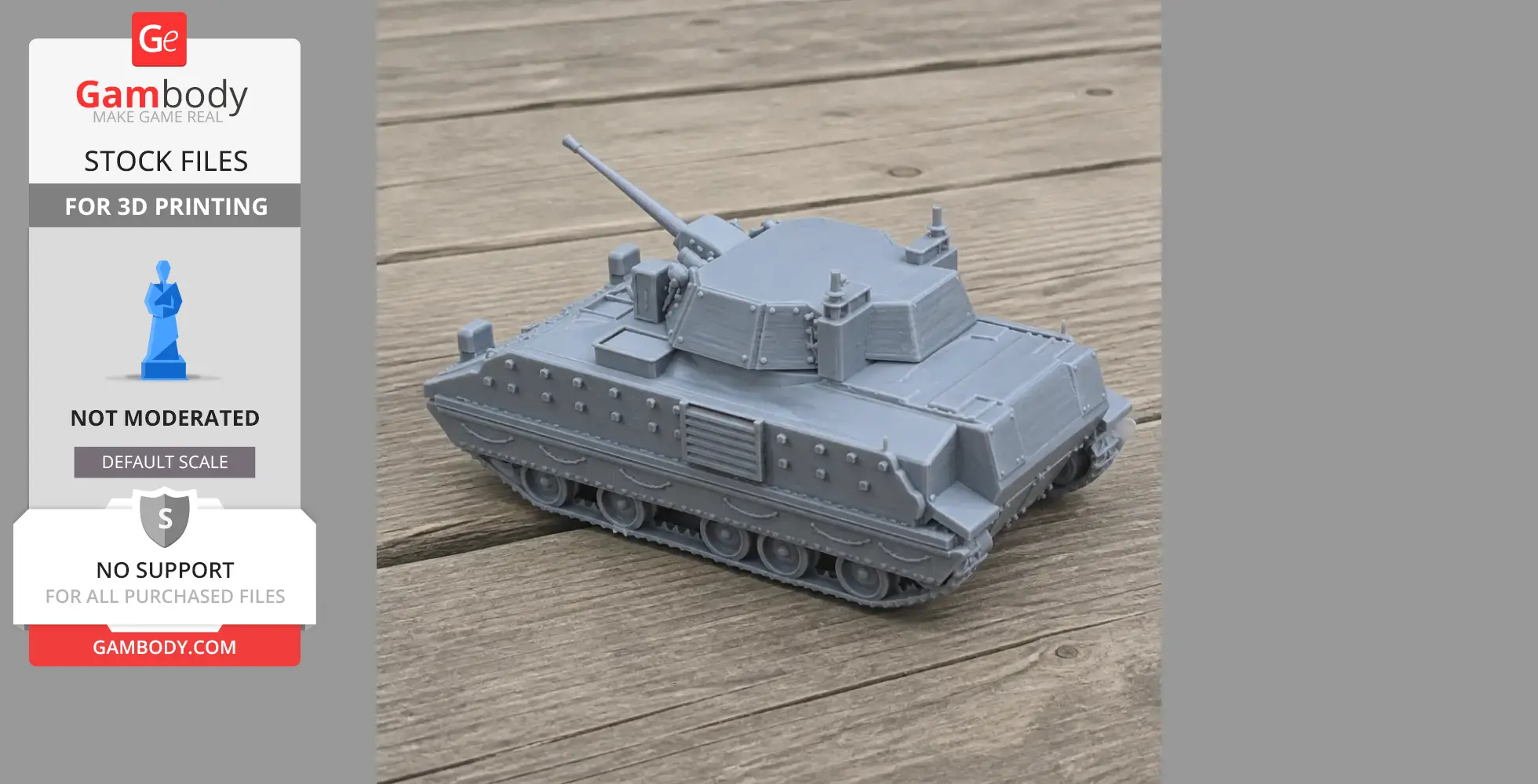 Gray 3D-printed model of a Bradley M2 tank on wooden surface.