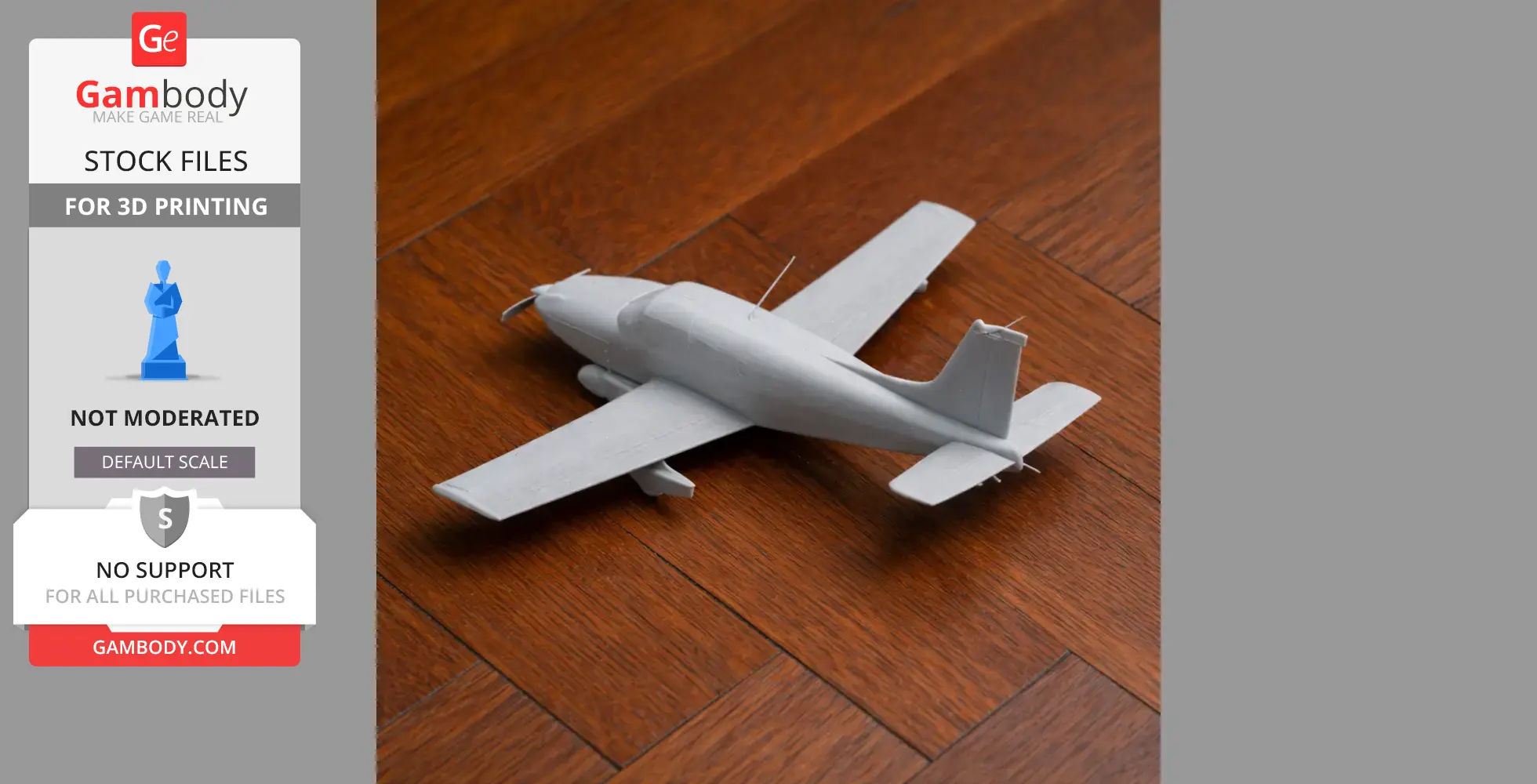 3D-printed Piper Cherokee plane model on a wooden floor.