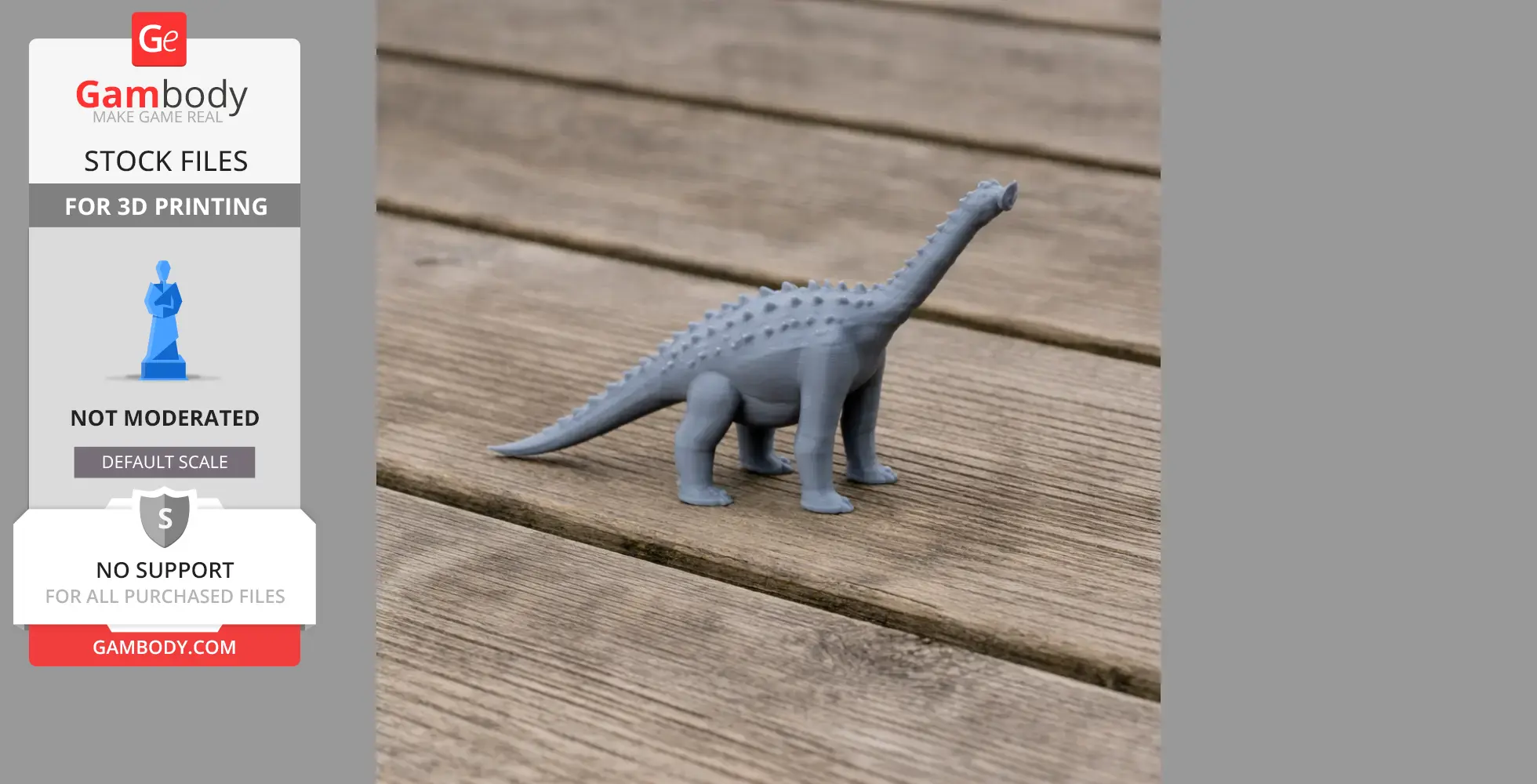 Gray 3D-printed Hypselosaurus model on a wooden surface.