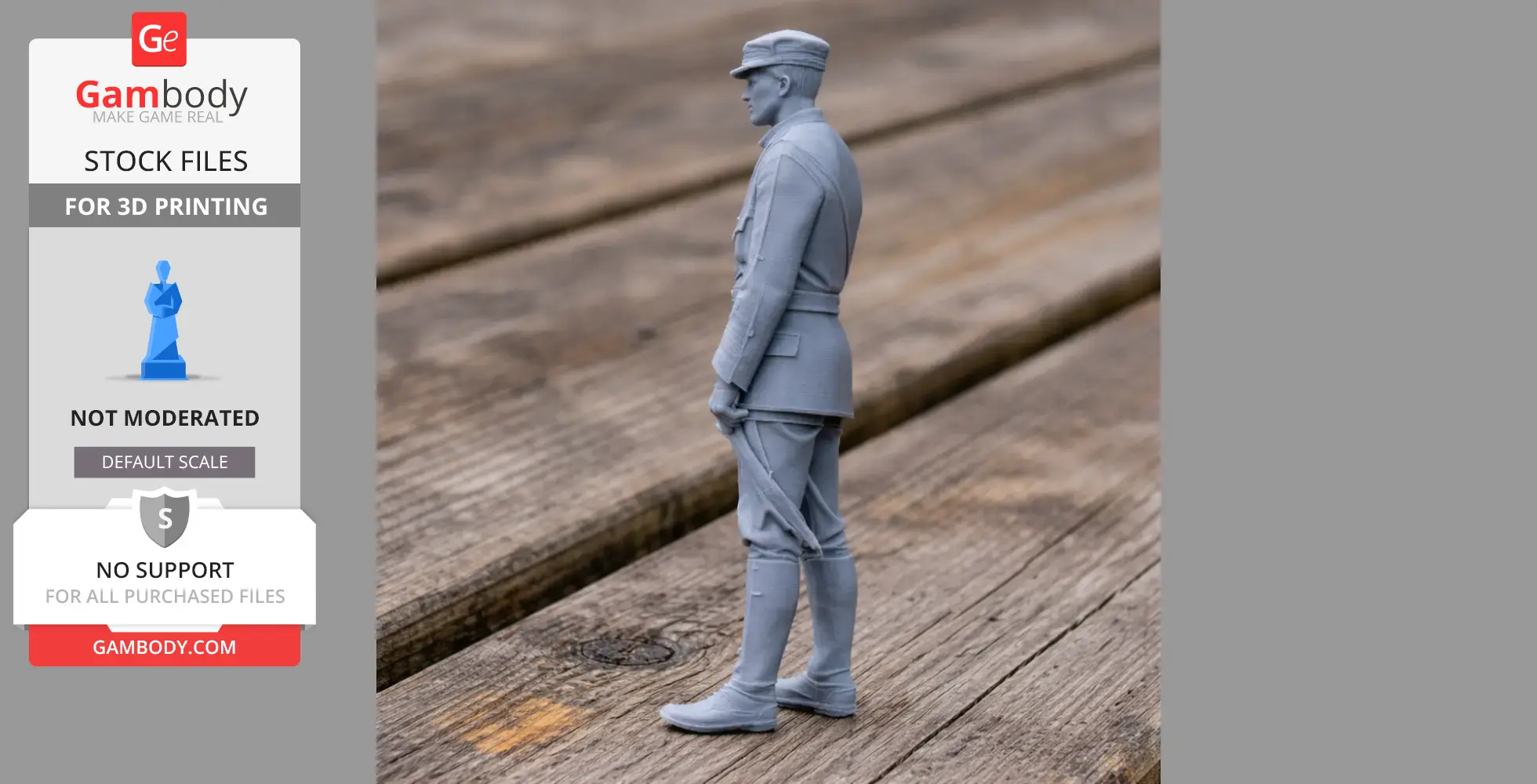 3D printed model of a WWII soldier in uniform, standing on a wooden surface.