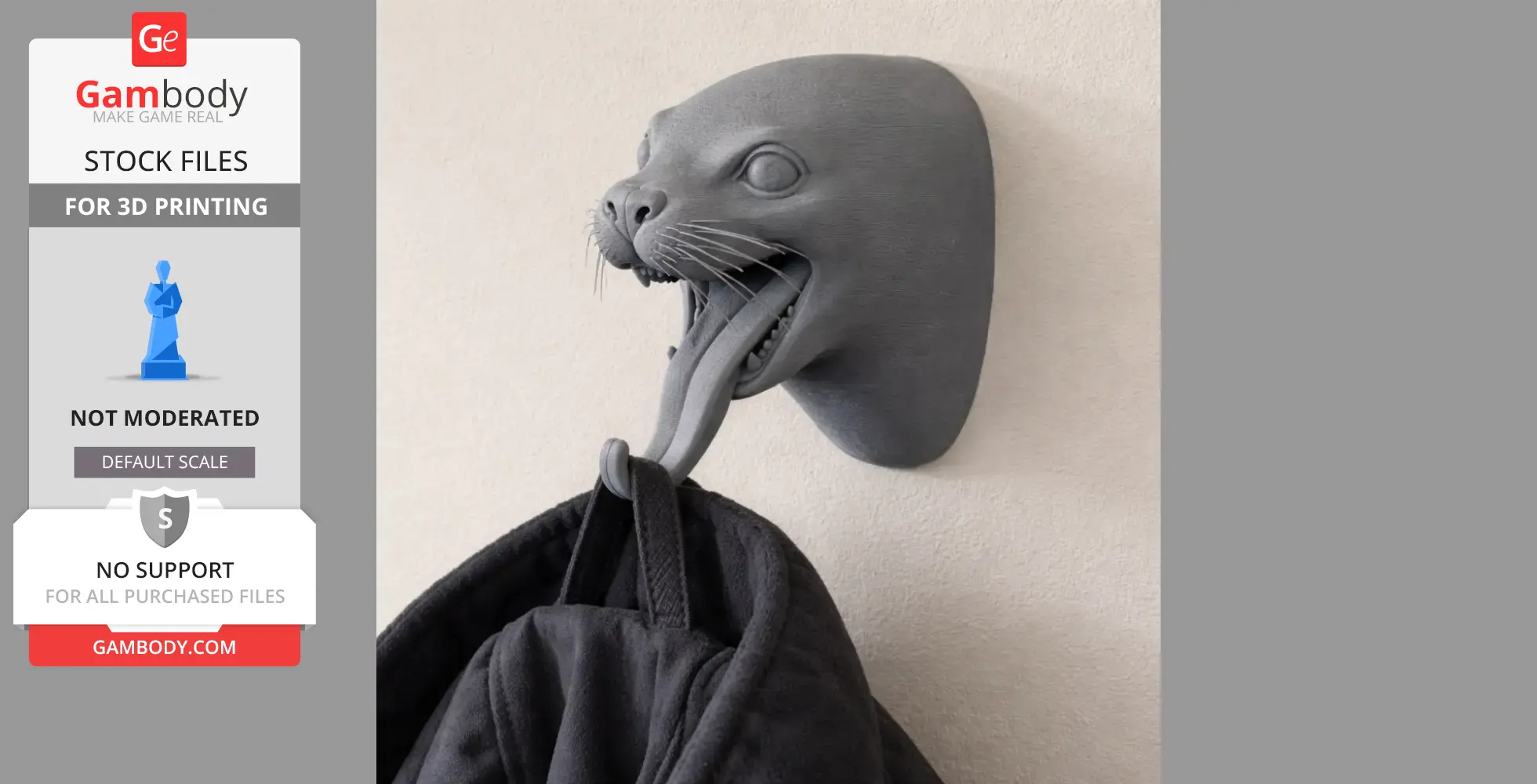 A wall-mounted seal head with an open mouth acts as a coat and key holder hook.