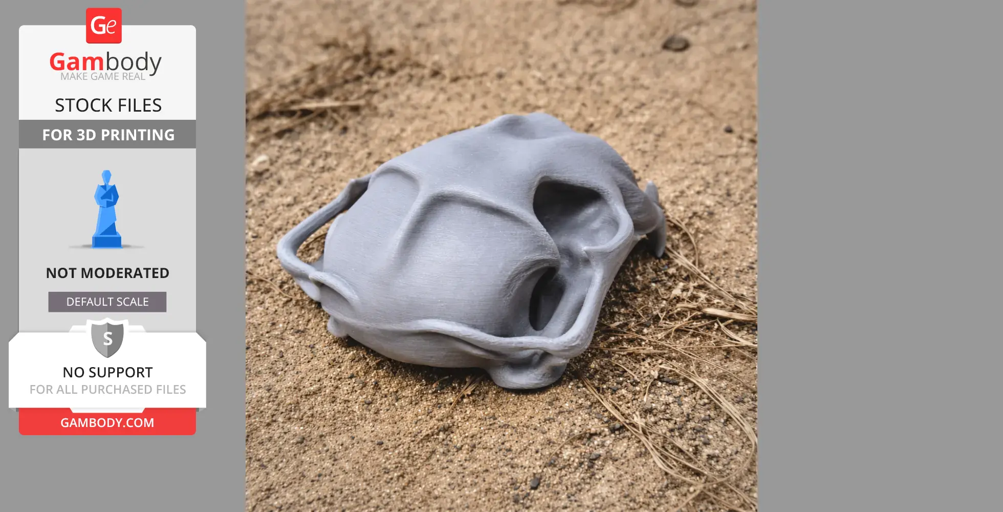 3D-printed gray cougar skull model on sandy ground, showcased for Gambody STL files.