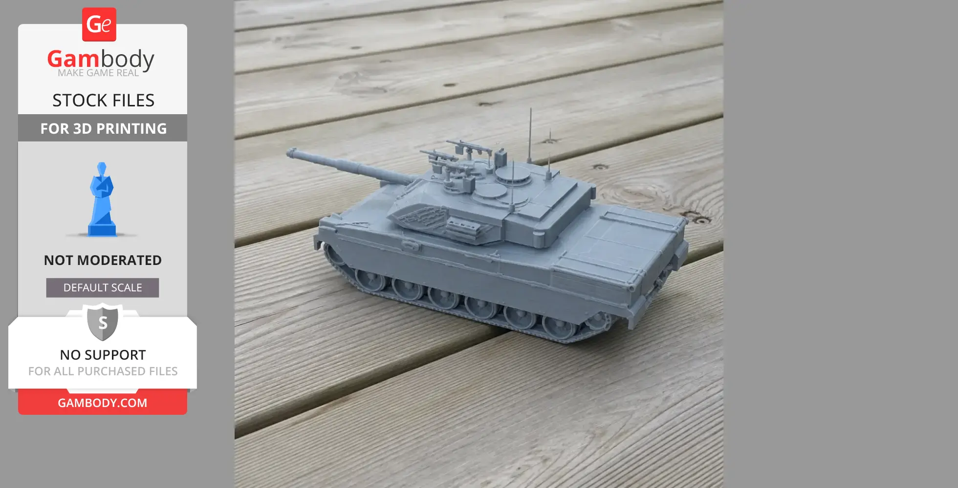 Gray 3D printed model of a C1 Ariete tank on wooden surface.