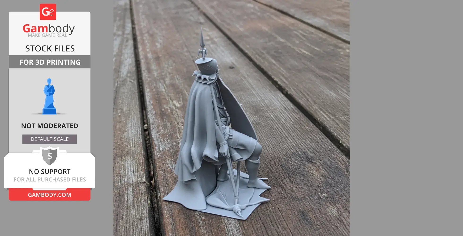 A 3D printed model of a knight kneeling with a cape and helmet, holding a sword, on a wooden surface.