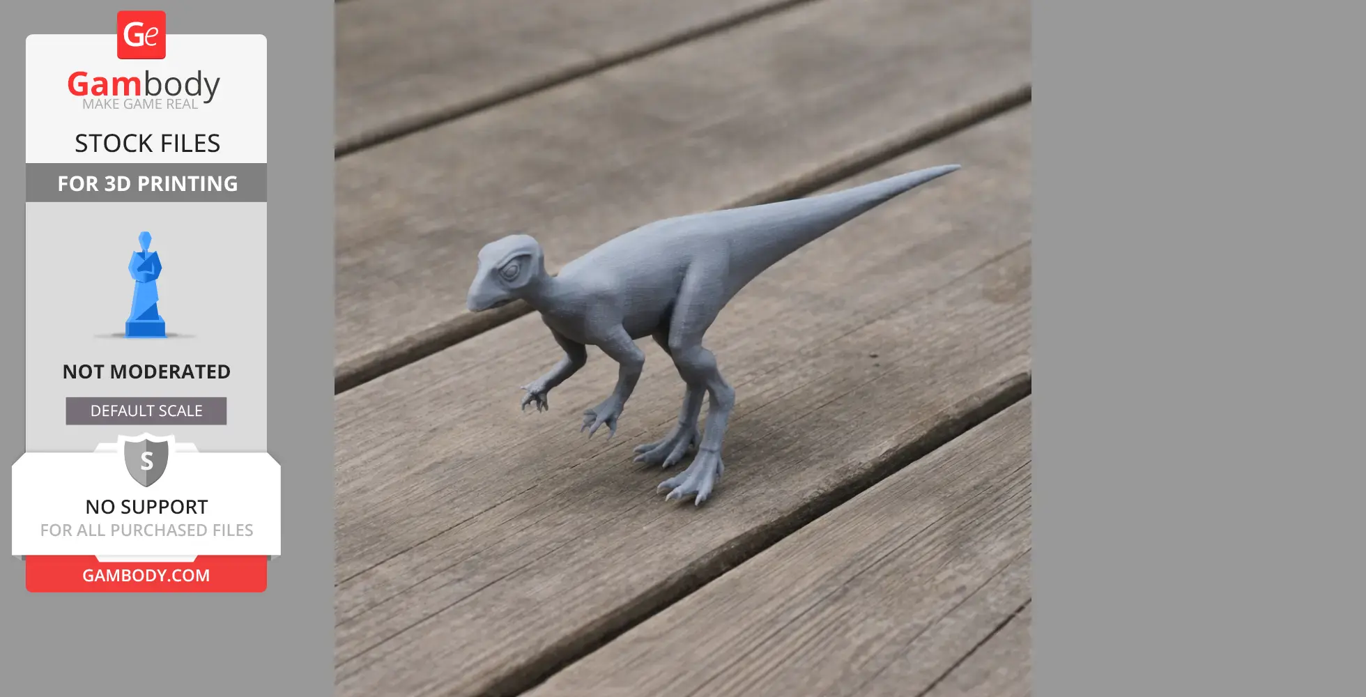 Gray Hypsilophodon dinosaur model on wooden surface, designed for 3D printing.