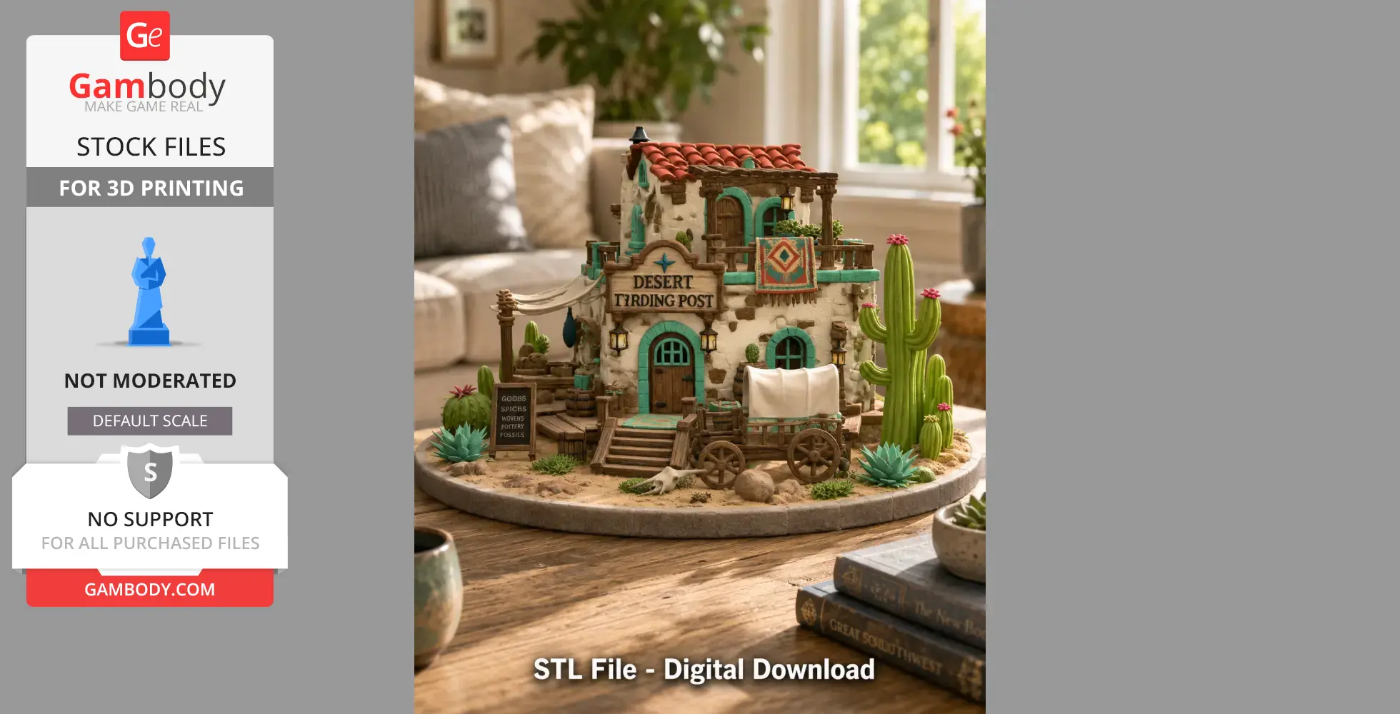 Detailed 3D model of a desert trading post with cacti, wagon, and rustic architecture.