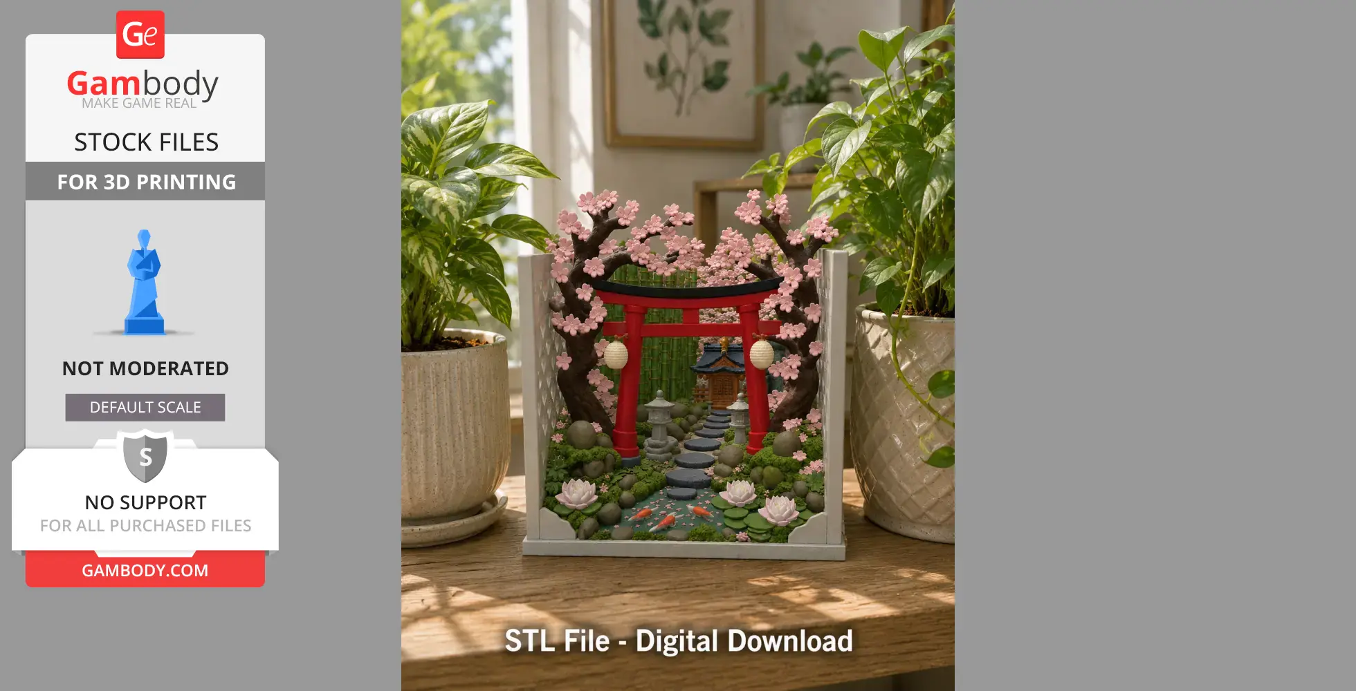 Miniature Japanese garden scene with cherry blossoms, torii gate, lanterns, and pond in a book nook design.