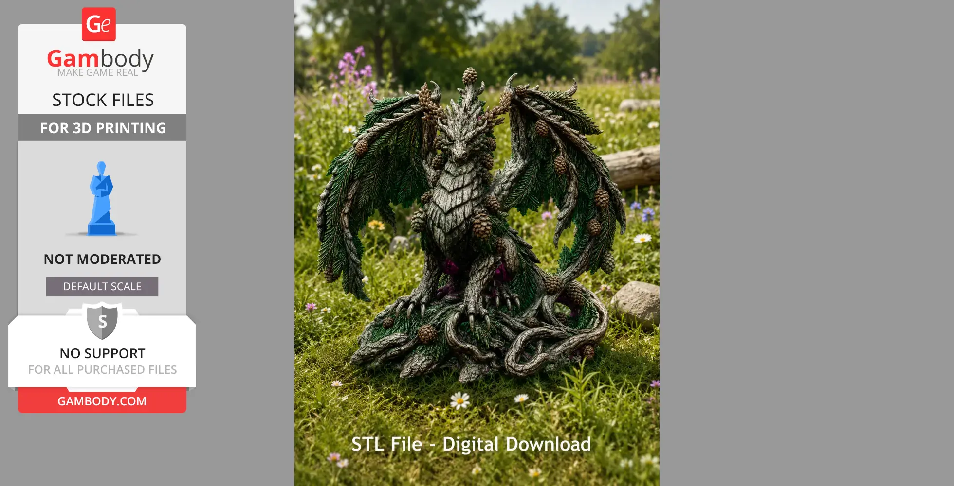 A detailed dragon model with leaf-like wings standing in a grassy field. Ideal for 3D printing.