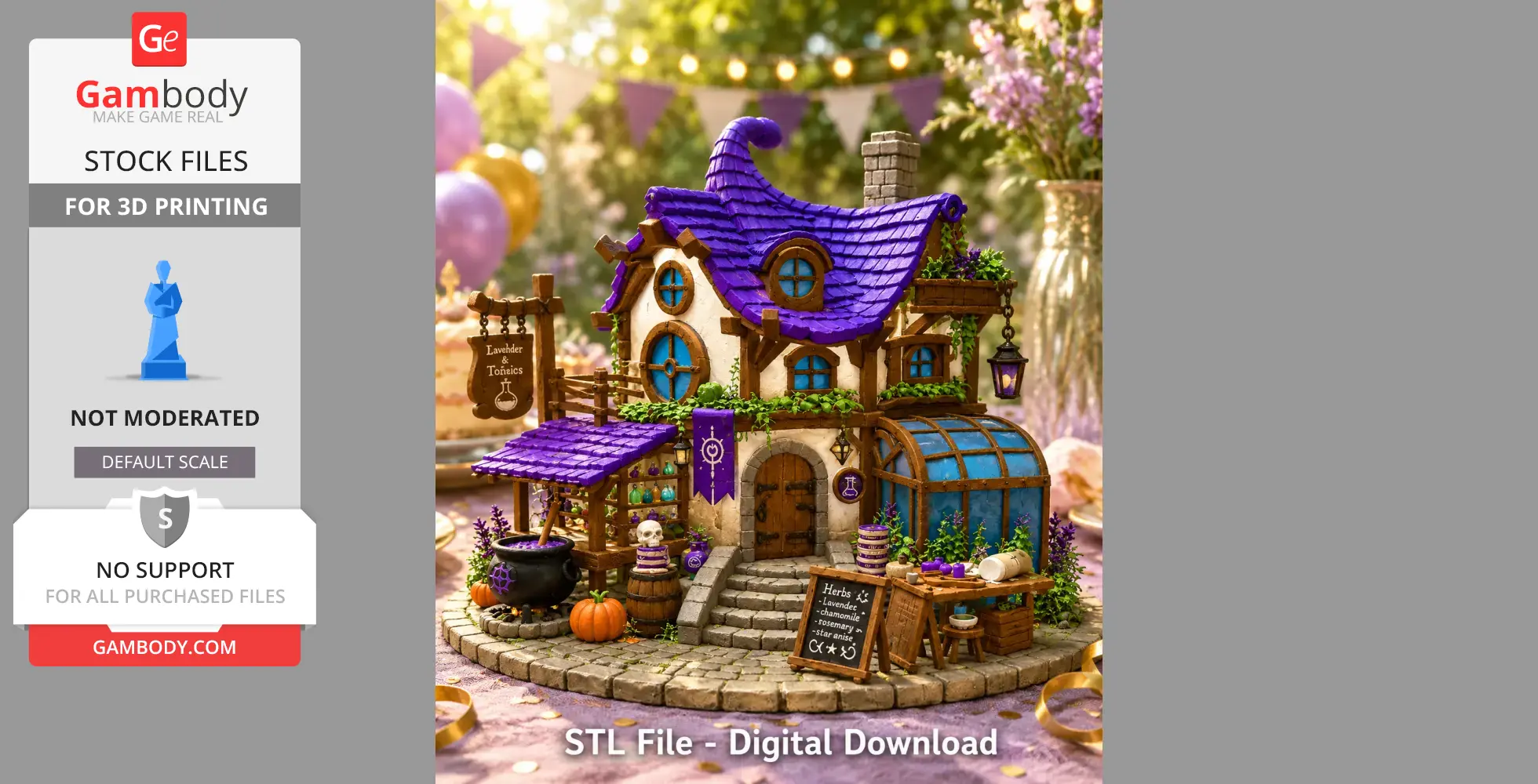 Charming cottage with purple roof, surrounded by plants, featuring a cauldron and potion decor. Perfect for 3D printing.