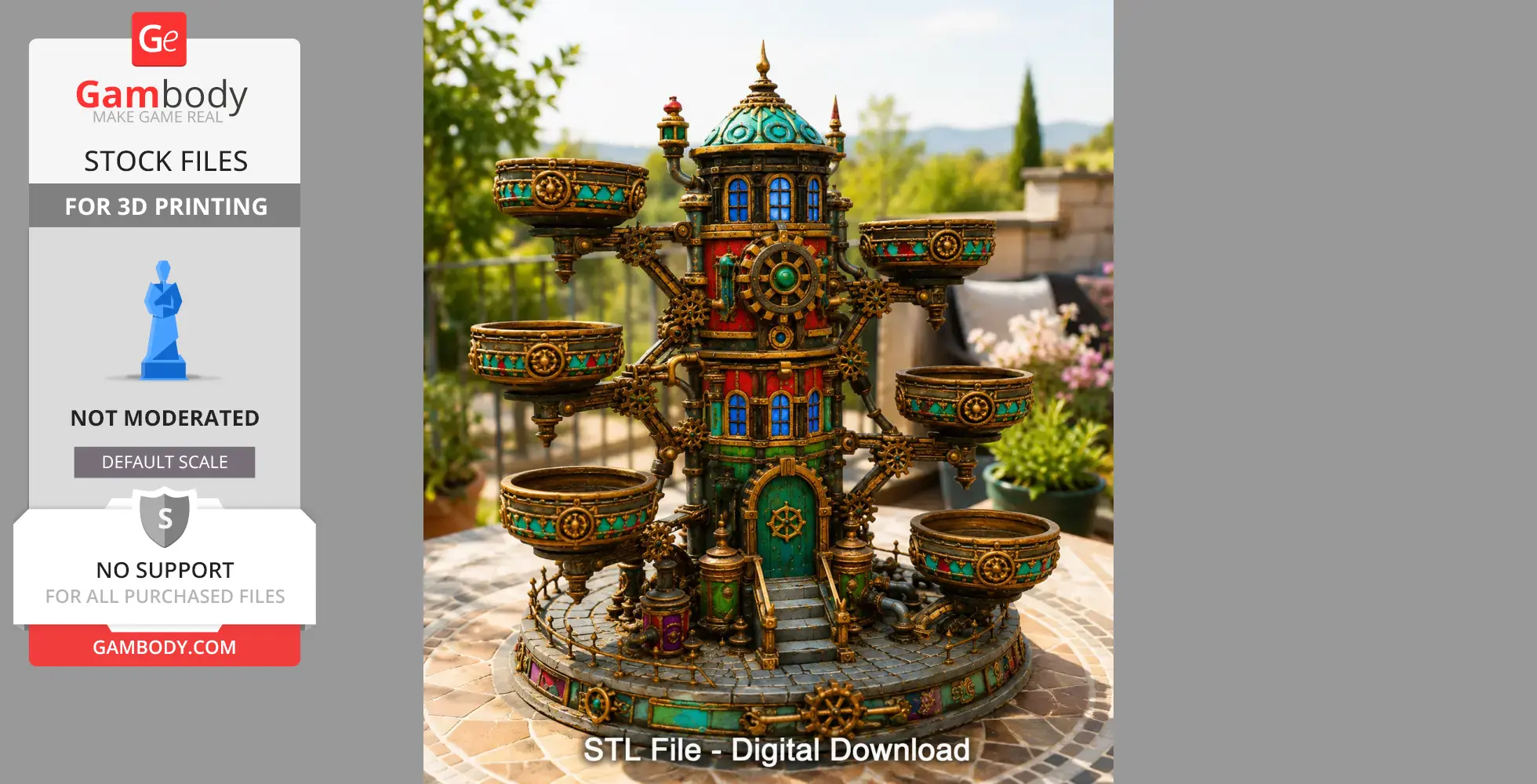 Steampunk-themed key and jewelry organizer with gears, bowls, and a colorful, intricate design.