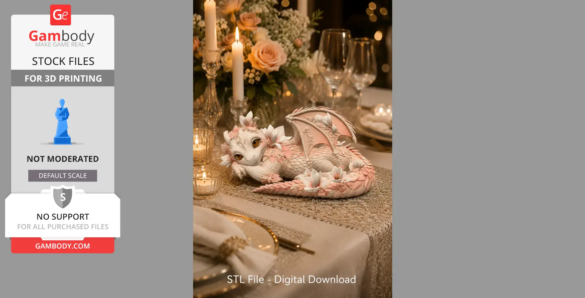 A cute pink and white baby dragon with floral accents, resting on an elegant table setting.
