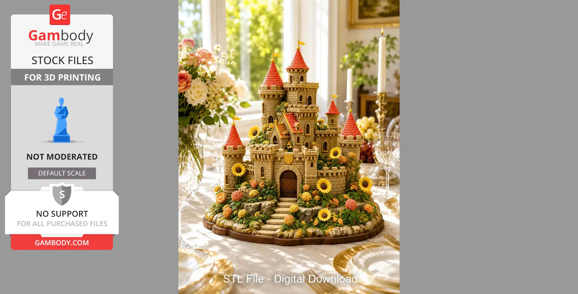 Fantasy castle adorned with sunflowers and red roofs, ideal for 3D printing.