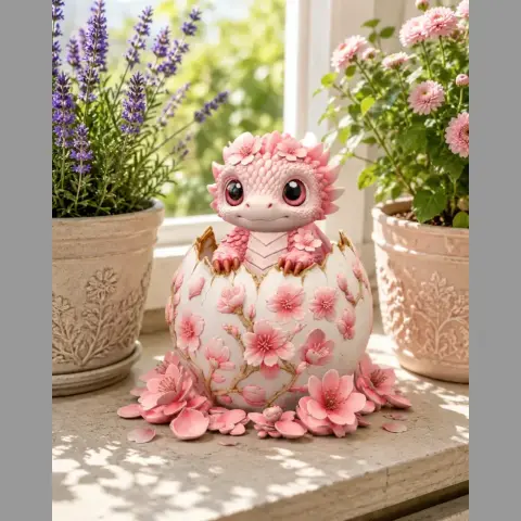 Cherry Blossom Baby Dragon in Egg STL File for 3D Print