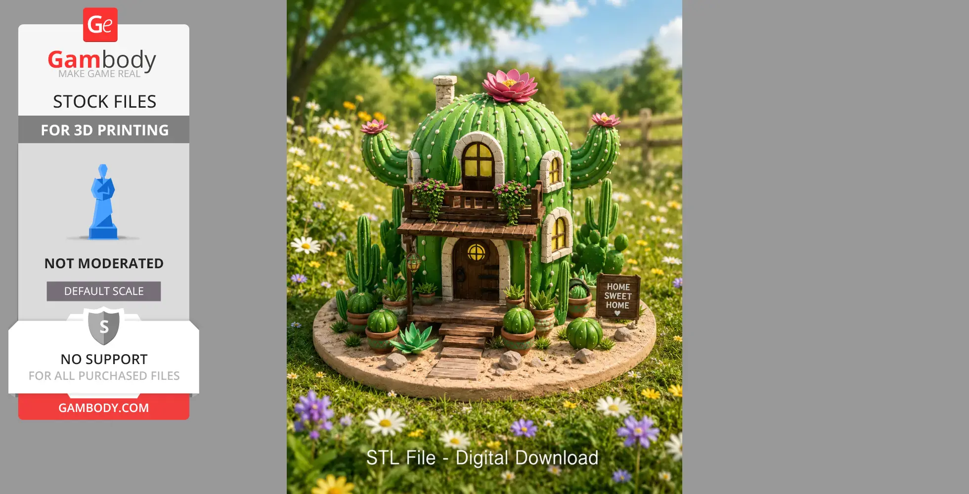 A whimsical cactus-shaped cottage with windows and flowers, set in a colorful garden landscape.