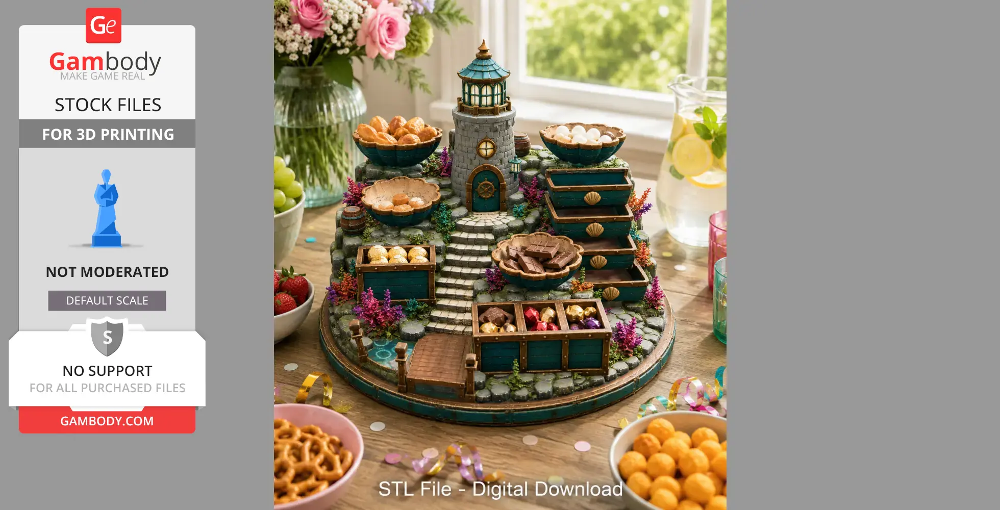 A detailed lighthouse-themed jewelry organizer with stairs, drawers, and trays for 3D printing.