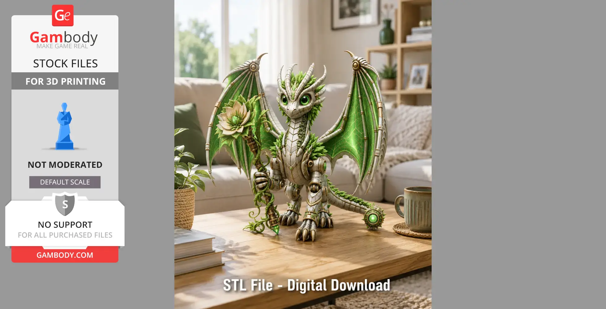 Verdant Arcane Dragon with green wings and a staff, perched on a wooden table in a cozy living room.