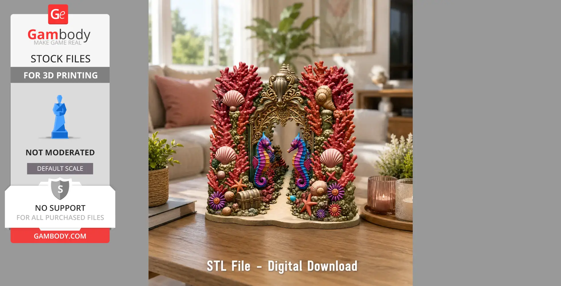 Intricate seaside archway adorned with vibrant coral, seashells, and seahorses, designed for 3D printing.