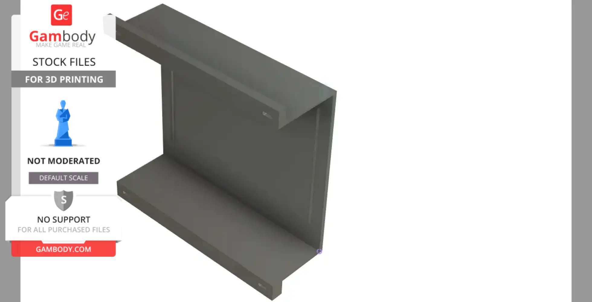 A gray L-shaped under-desk and wall mount bracket for 3D printing, shown in a simple rendering.