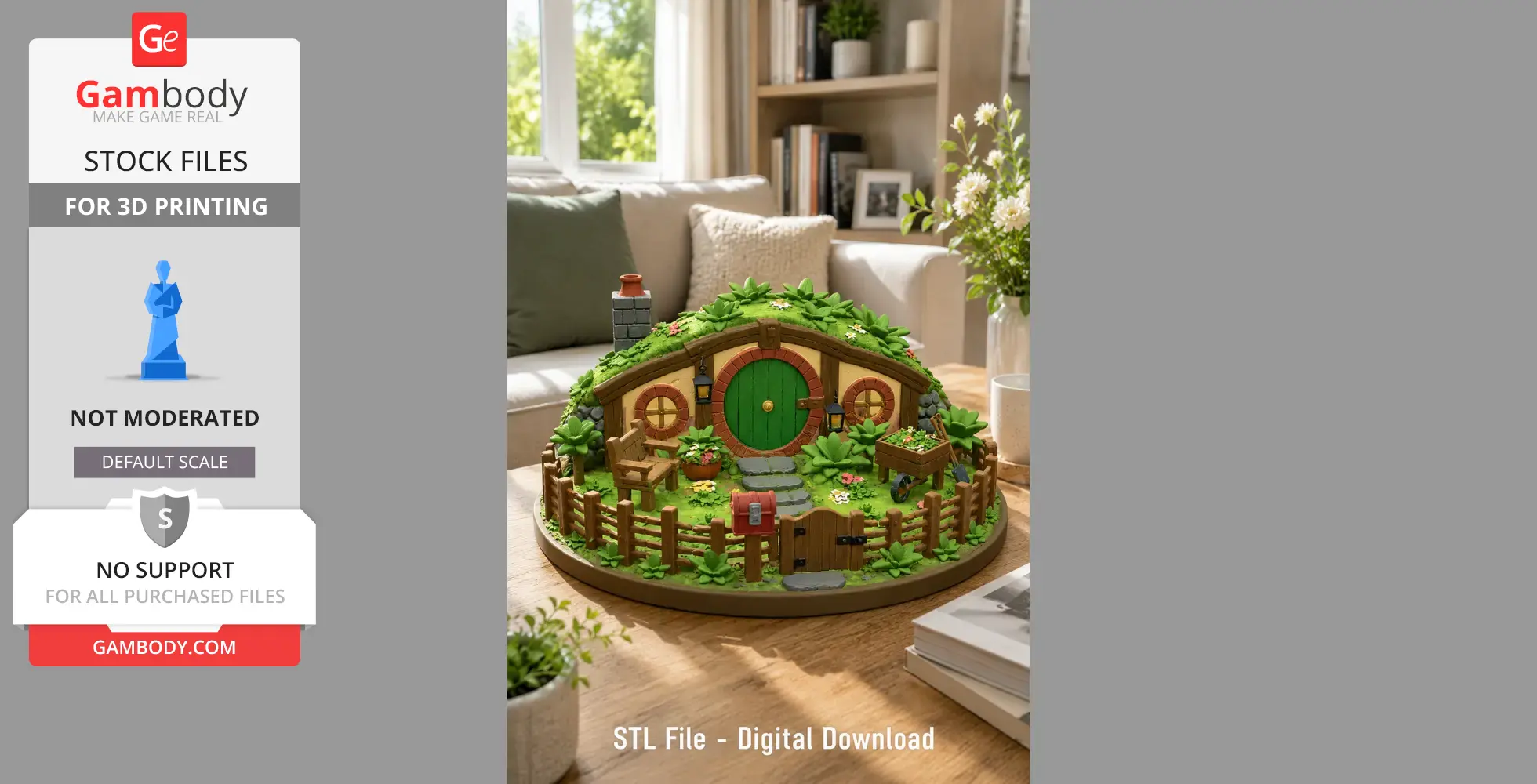 A charming 3D-printed Hobbit cottage with a green door, surrounded by lush greenery and a wooden fence.