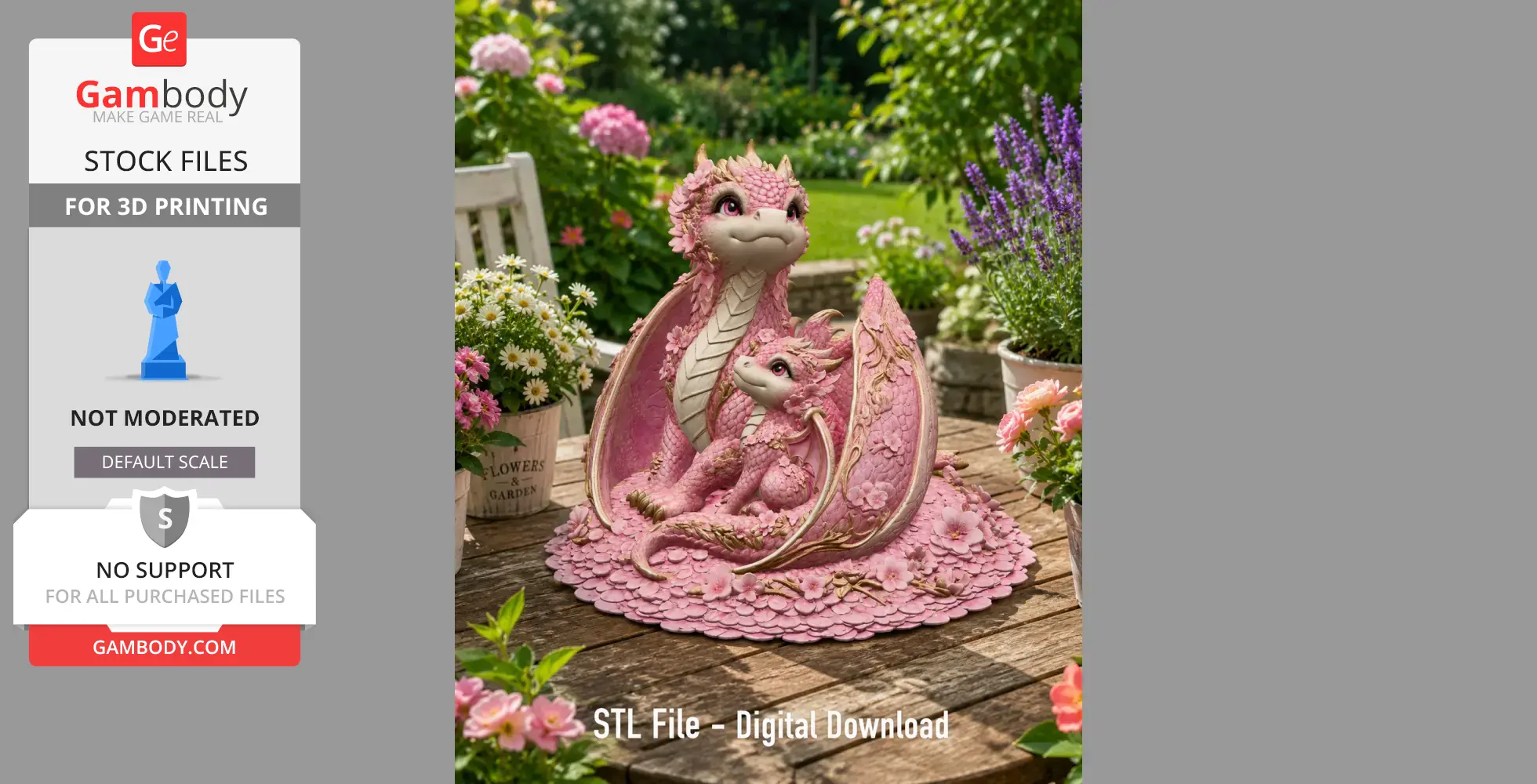 Pink dragon family with cherry blossom accents, sitting on a flowered base, surrounded by garden flowers.