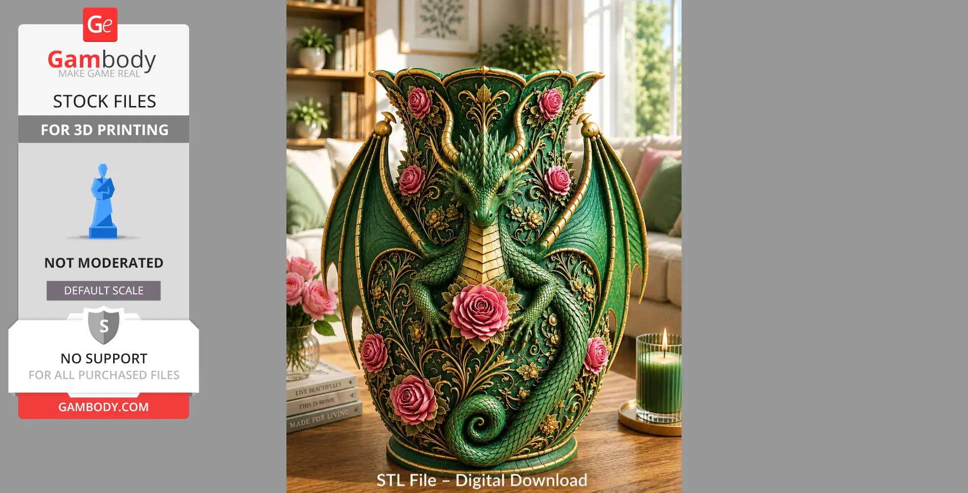 Green dragon vase with pink roses and ornate gold detailing. Intricate design for 3D printing.