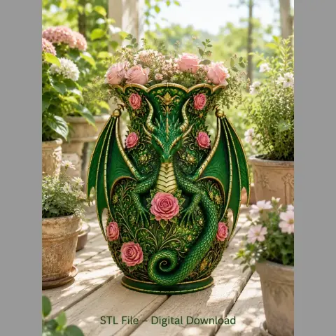 Emerald Rose Dragon Vase STL for 3D Print