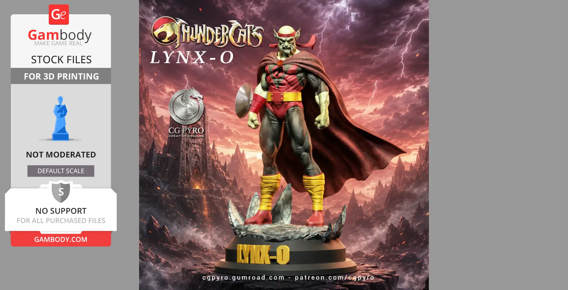 Lynx-O 3D model from Thundercats, posed heroically with a shield and cape, set against a dramatic sky.