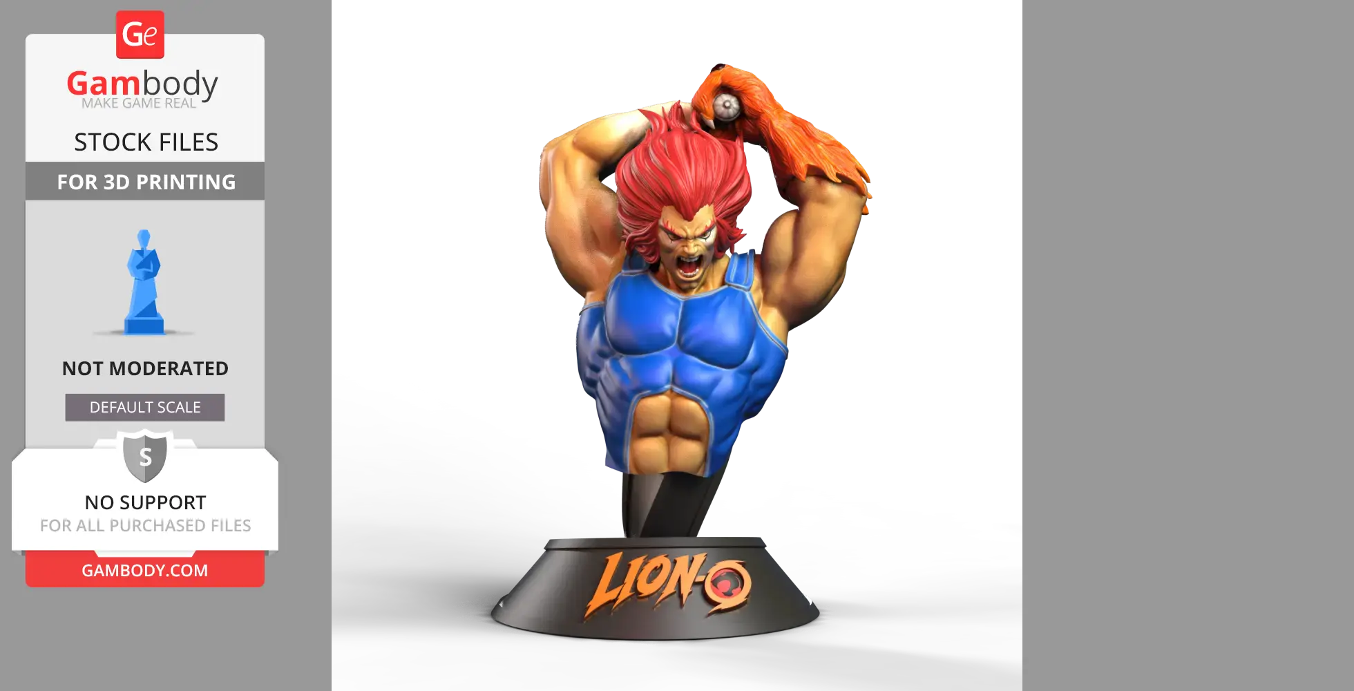 A muscular character with red hair in a dynamic pose, wearing a blue armor, on a stand labeled 'Lion-O'.