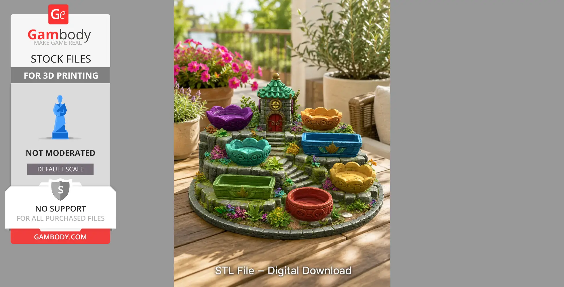 Colorful fantasy village jewelry organizer with flower-shaped trays on a circular base.