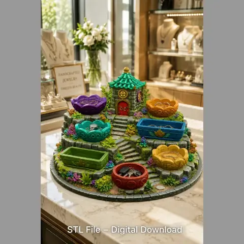 Whimsical jewelry organizer modeled as a fantasy village with colorful bowl 'houses.'