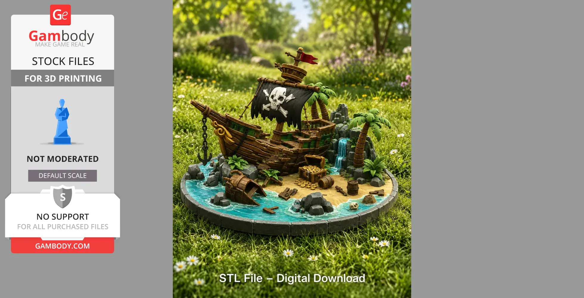 Pirate shipwreck diorama with treasure, palm trees, and rocky island for 3D printing.