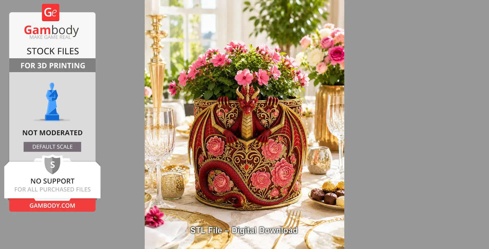 Dragon-shaped planter with floral design, holding pink flowers on an elegant dining table.