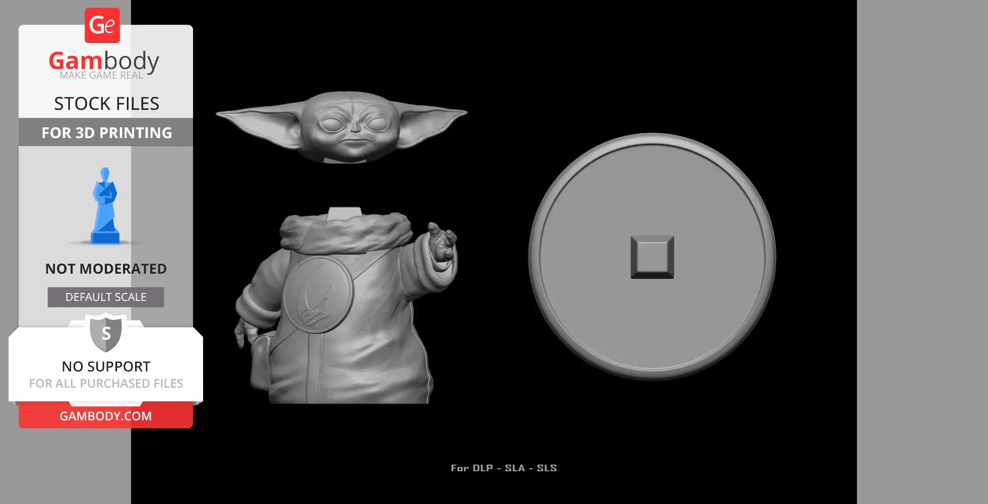 3D model of a small alien figure with large ears and a robe, alongside a circular base for printing.