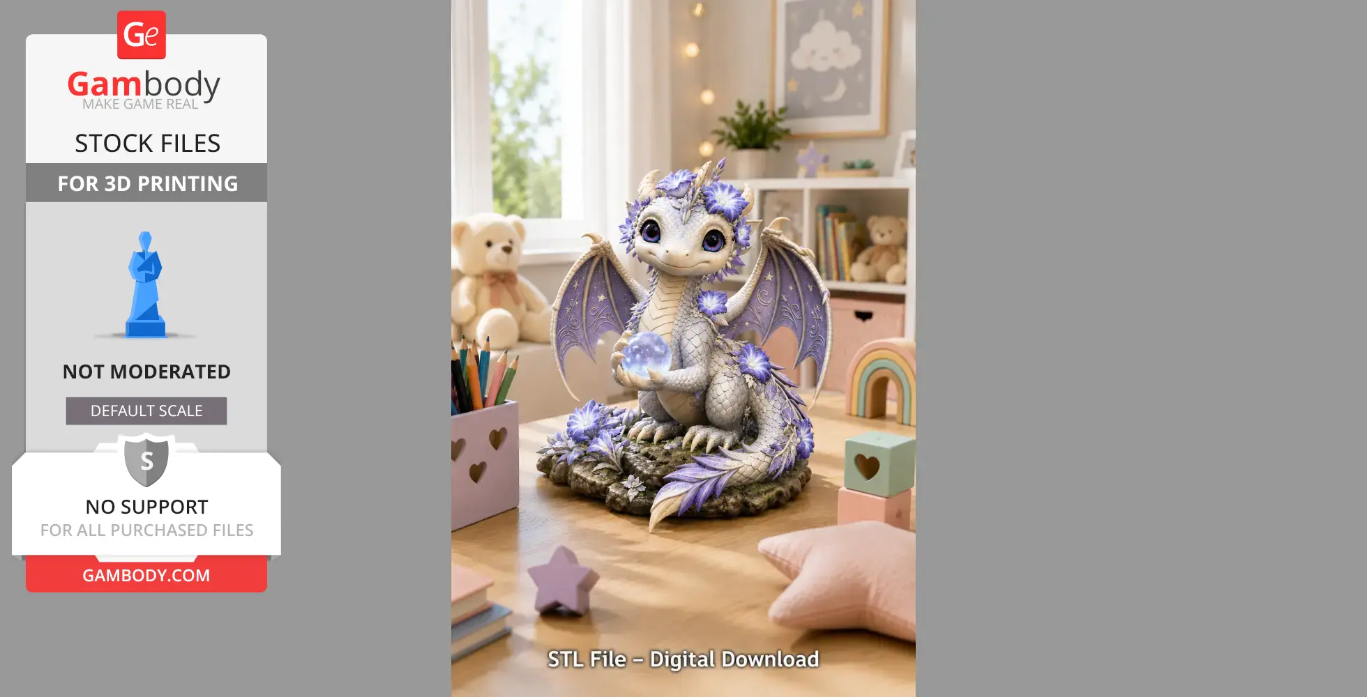Adorable dragon with floral accents holding a glowing crystal orb, sitting on a rocky base.