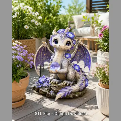 Cute Moonlight Dragon with Crystal Orb STL File for 3D Print