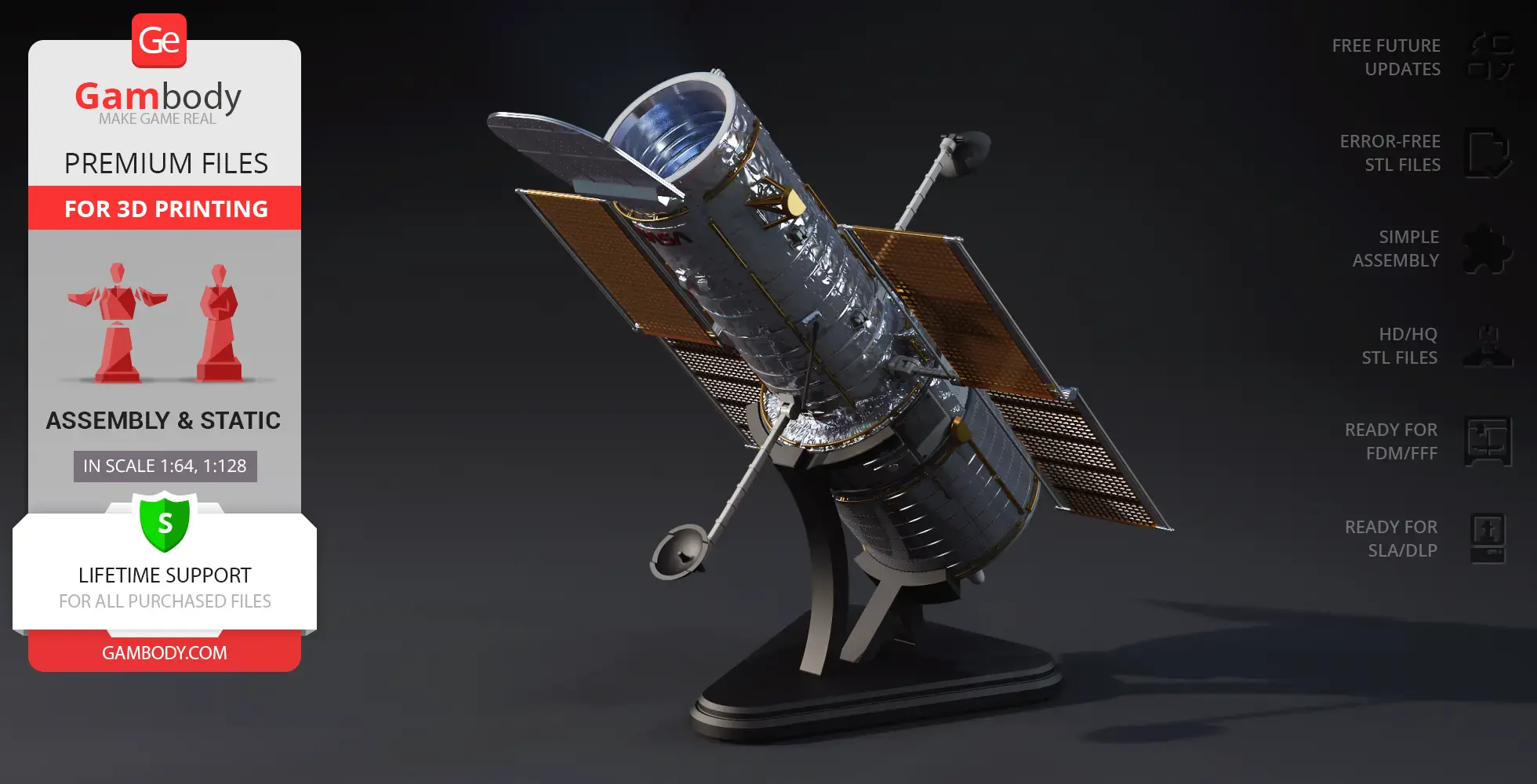 3D model of the Hubble Space Telescope on a display stand, ready for 3D printing.